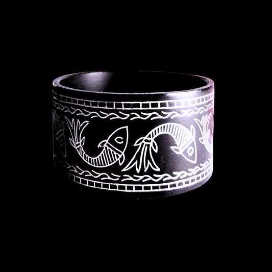 Handcrafted Wide Statement Bangle - Oxidised Alloy Metal with Silver Inlay